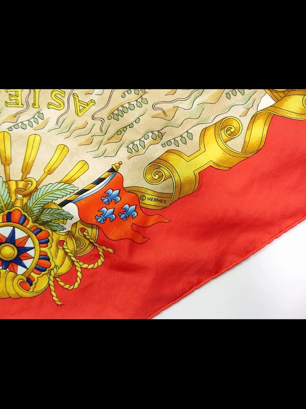 Hermes Silk Scarf Red, Cream, Gold, Blue